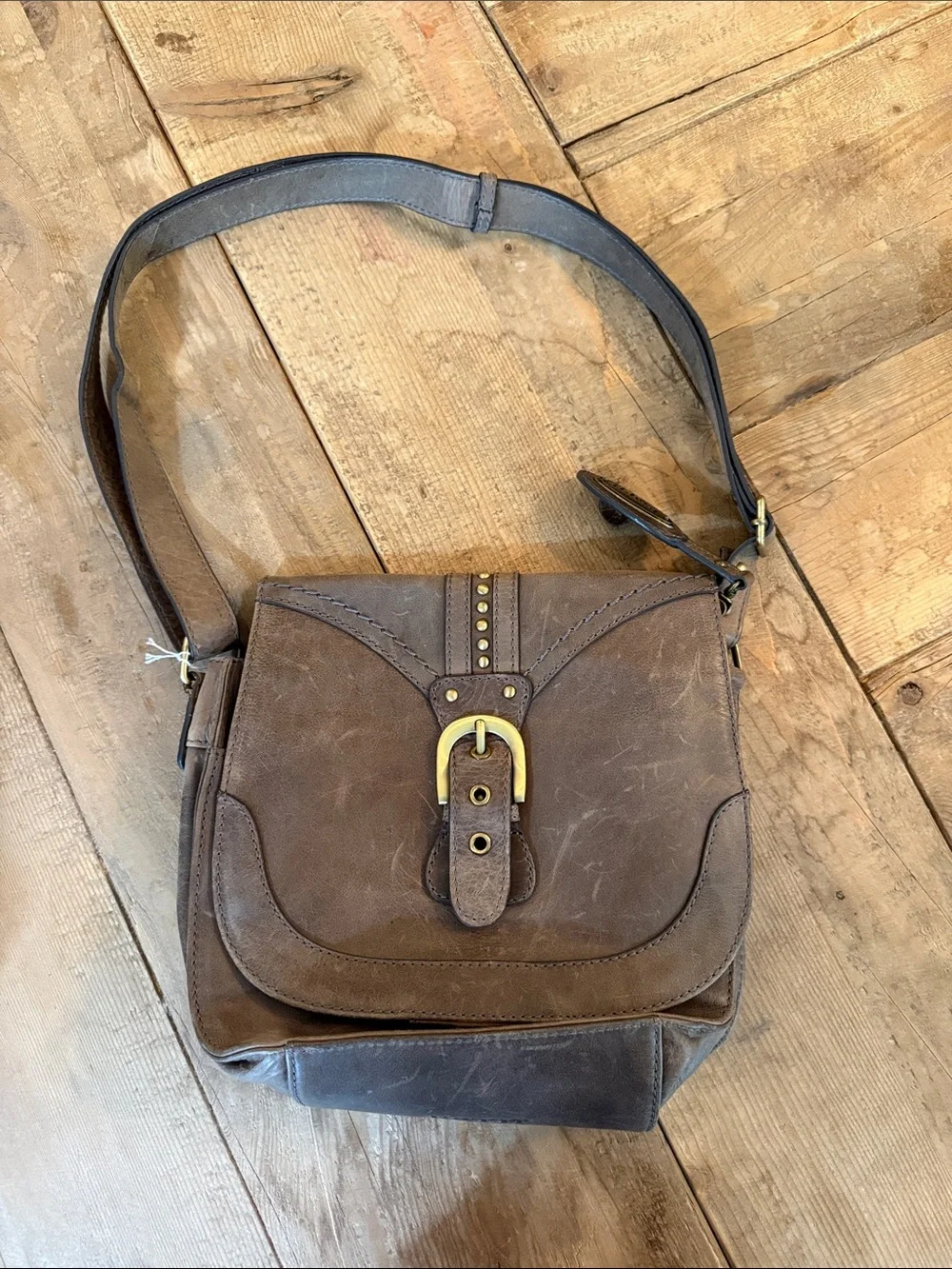 Born Brown Leather Hobo Crossbody with Brass Buckle
